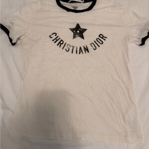 Dior White Tee with Black Star Logo & Ringer Trim